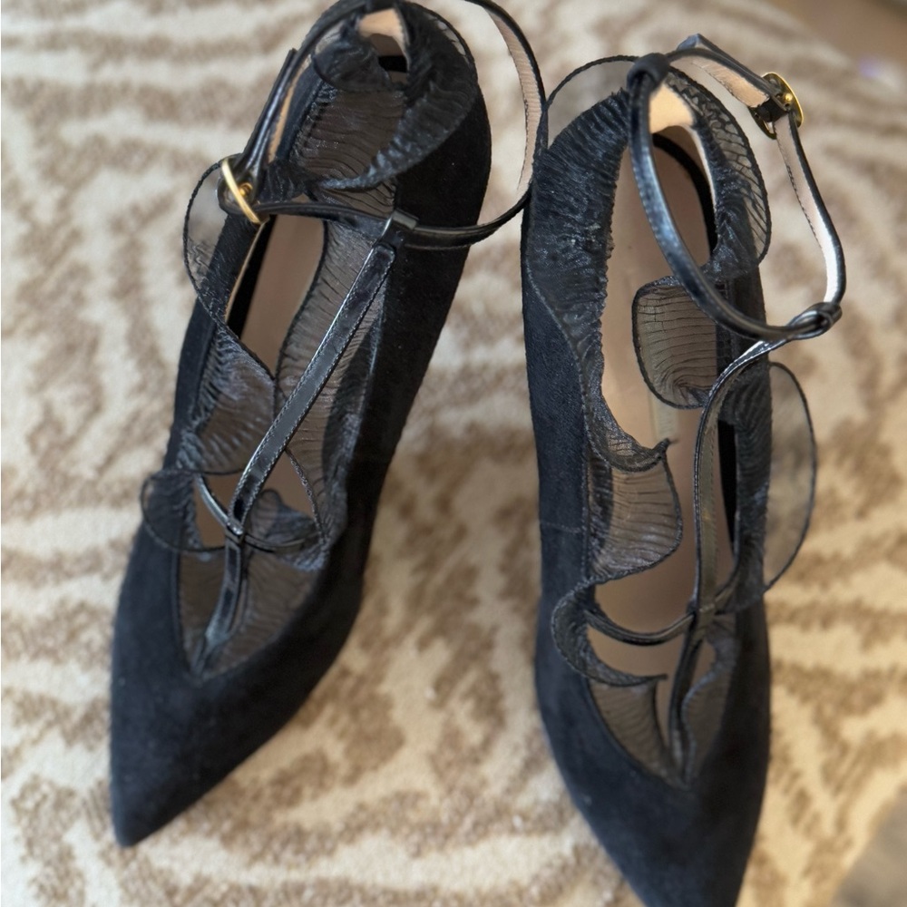 Black suede heels t-strap unique elegant classy pumps pointy toe shoes - Picture 9 of 13
